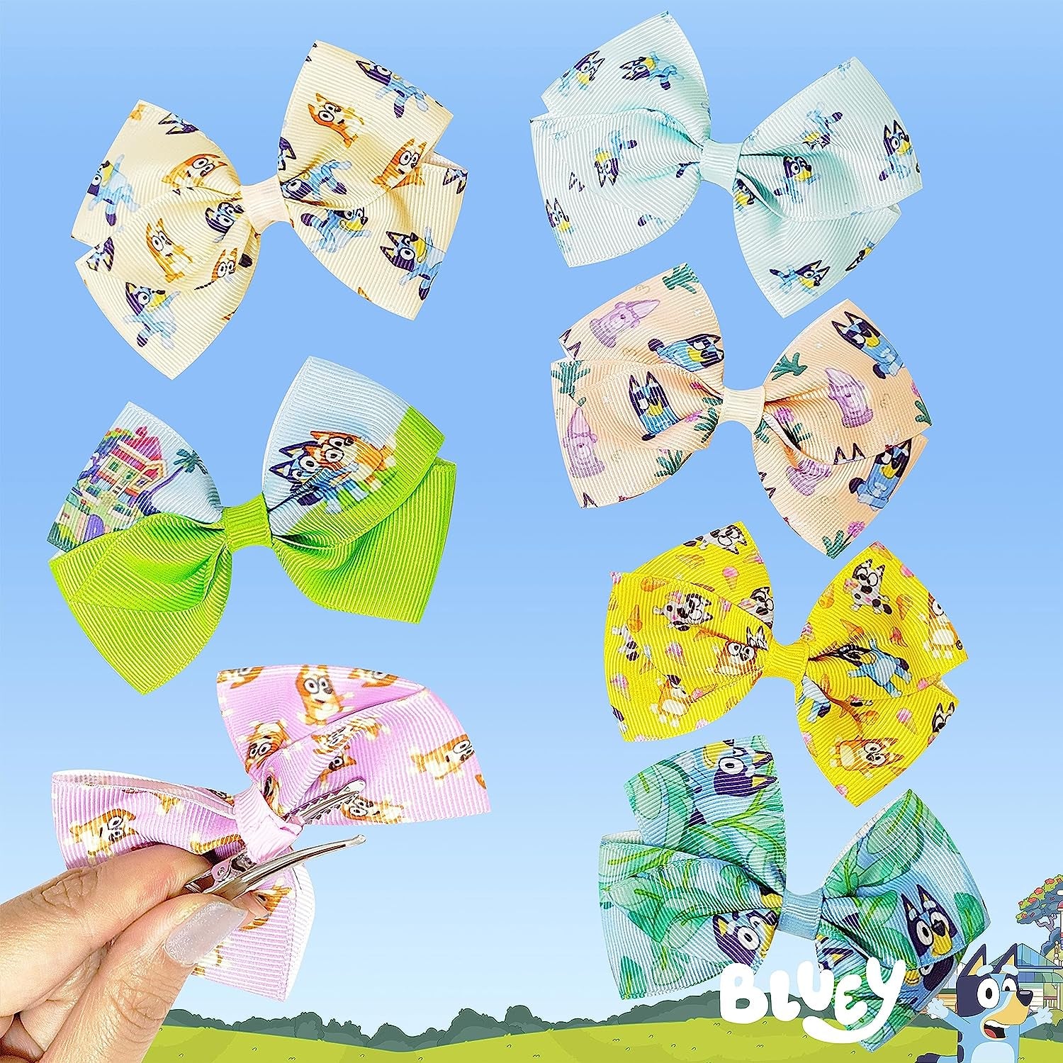 Bluey Kids Hair Bows - Hair Accessories Gift Set - Bluey Hair Bows - 7 Pcs 4 Inch Bow Bundle - Hair Bows for Girls - Different Bluey Print on Each Clip - Alligator Clip - Ages 3 +