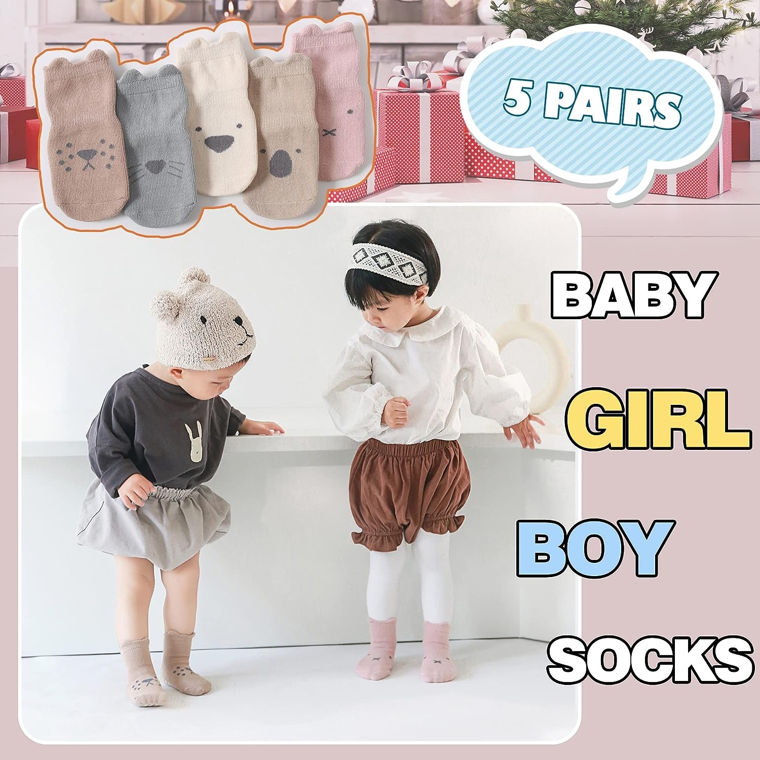 Toddlers Non Slip Socks with Grips Baby Girls Boys anti Skid Crew Cotton Gift Socks for Infants Kids