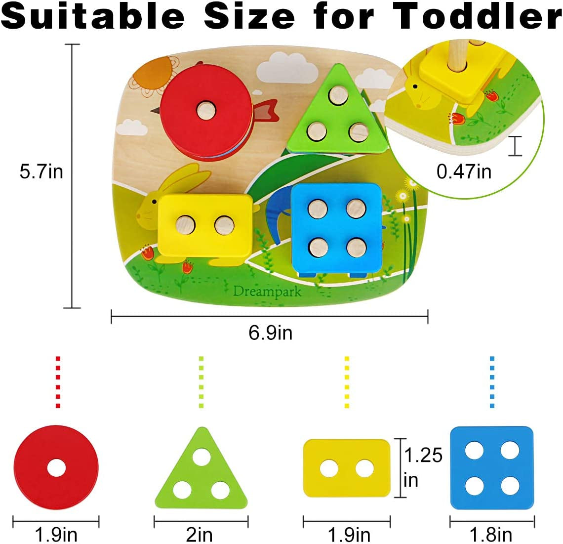 Educational Toddler Toys for Boys Girls Age 1 2 3 4 and Up, Wooden Shape Color Recognition Preschool Stack and Sort Geometric Board Blocks for Kids Children, Non-Toxic