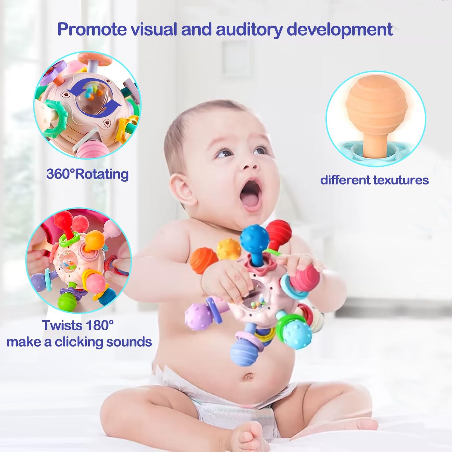 Baby Sensory Teething Toys - Teething Montessori Learning Developmental Toys for Baby - Newborn Teething Ball - Rattle Sensory Infant Chew Toys for 0 3 6 9 12 18 Months Baby Girls Boys Gift (Pink)