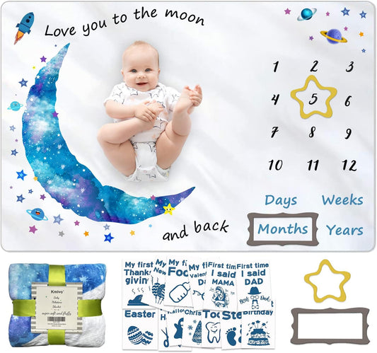 Baby Monthly Milestone Blanket for Baby Boy, Baby Photo Blanket for Newborn Baby Shower, Monthly Blanket for Baby Pictures, Capture Baby Growth and Milestones,Large 60"X40"