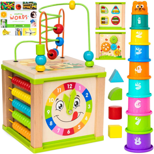 Wooden Activity Cube, Montessori Toys for 1+ Year Old Boy, Multipurpose Educational Sensory Toy for 1-2 Year Old Baby, Toddler, Kid | First Birthday Gift | Bonus First Words Book
