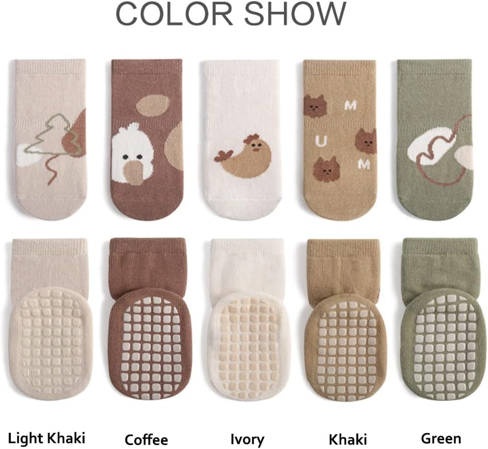 Toddler Non Slip Socks, Cute Baby Socks with Grips Crew Socks 5 Pairs
