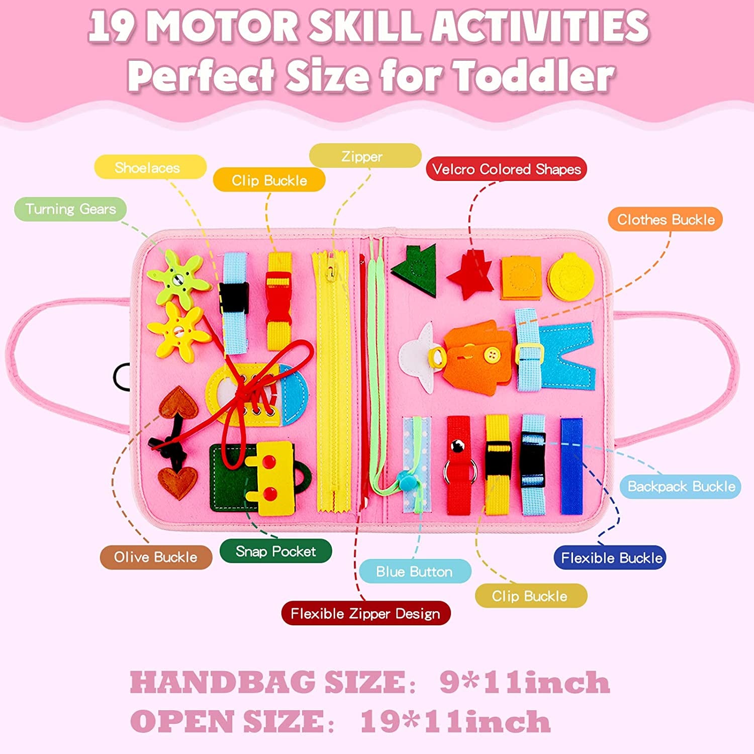 Busy Board Montessori Toy for 1 2 3 4 Year Old Toddlers - Educational Activity Developing Sensory Board for Basic Dress Fine Motor Skills - Travel Toys for Plane Car, Gift for Boys Girls