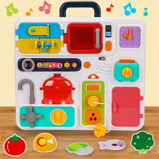 Kitchen Busy Board for Toddlers 1-3 Travel Toys Light up Musical Baby Toys 12-18 Months Toddler Toys Age 1-2 2-4 Autism Children Sensory Montessori Fine Motor Skills Car Seat Toys for 1 Year Old Gift