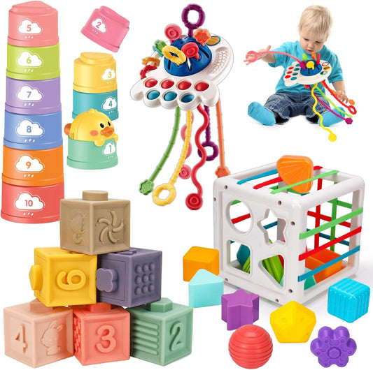 4 in 1 Montessori Baby Toys 6-12-18 Months, Infant Pull String Stacking Cups Shape Sorter Toy 6 7 8 9 10 11 12 M+ Sensory Development Learning Toy 3-6 Months Toddlers Gifts for 1 2 Year Old Boys Girls