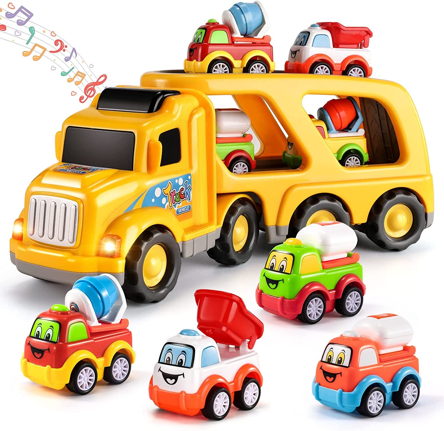 Construction Truck Toys for 3 4 5 6 Year Old Boys, 5-In-1 Friction Power Toy for Kids 3-5, Carrier Truck Cars for Toddlers 3+, Kids Toys Set for Age 3-9, Christmas for 3+